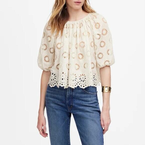 NWT Madewell Embroidered Shirred Puff-Sleeve Top In Floral Eyelet Ivory Size XXS - Picture 1 of 10